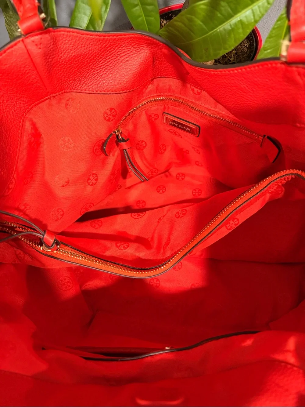 Tory Burch Bright Dark Red Pebbled Leather Tote